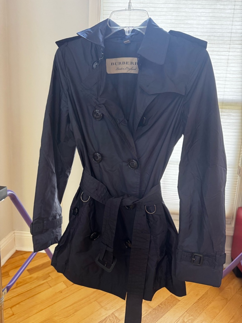 Burberry Navy Double-Breasted Belted Lightweight Trench Coat